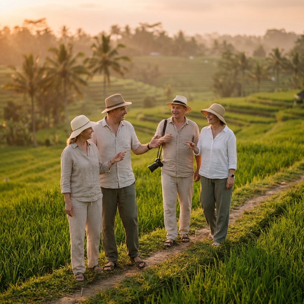 Két házaspár együtt sétál egy bali rizsteraszon, kora esti fényben